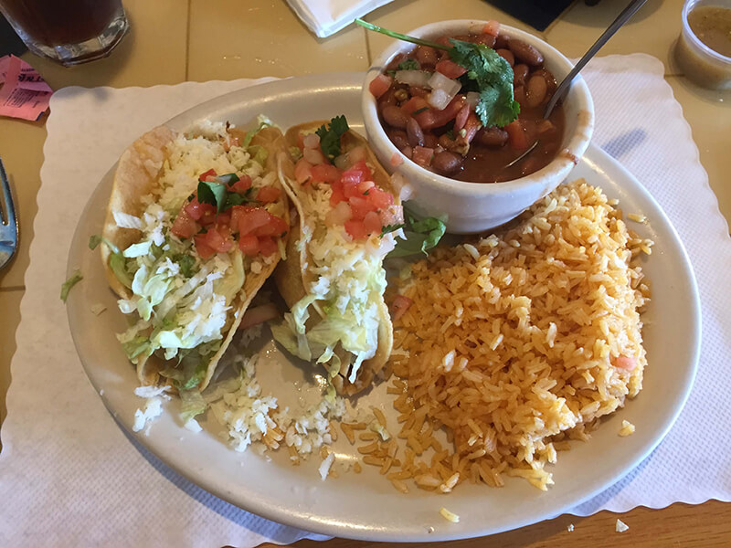 Two taco plate with rice and beans
